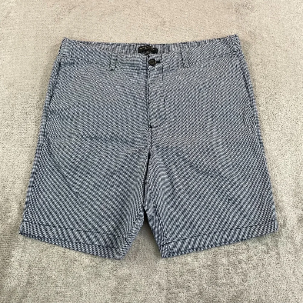 Banana Republic‎ Aiden Shorts Men 35 Blue Houndstooth Linen Blend Chino Casual